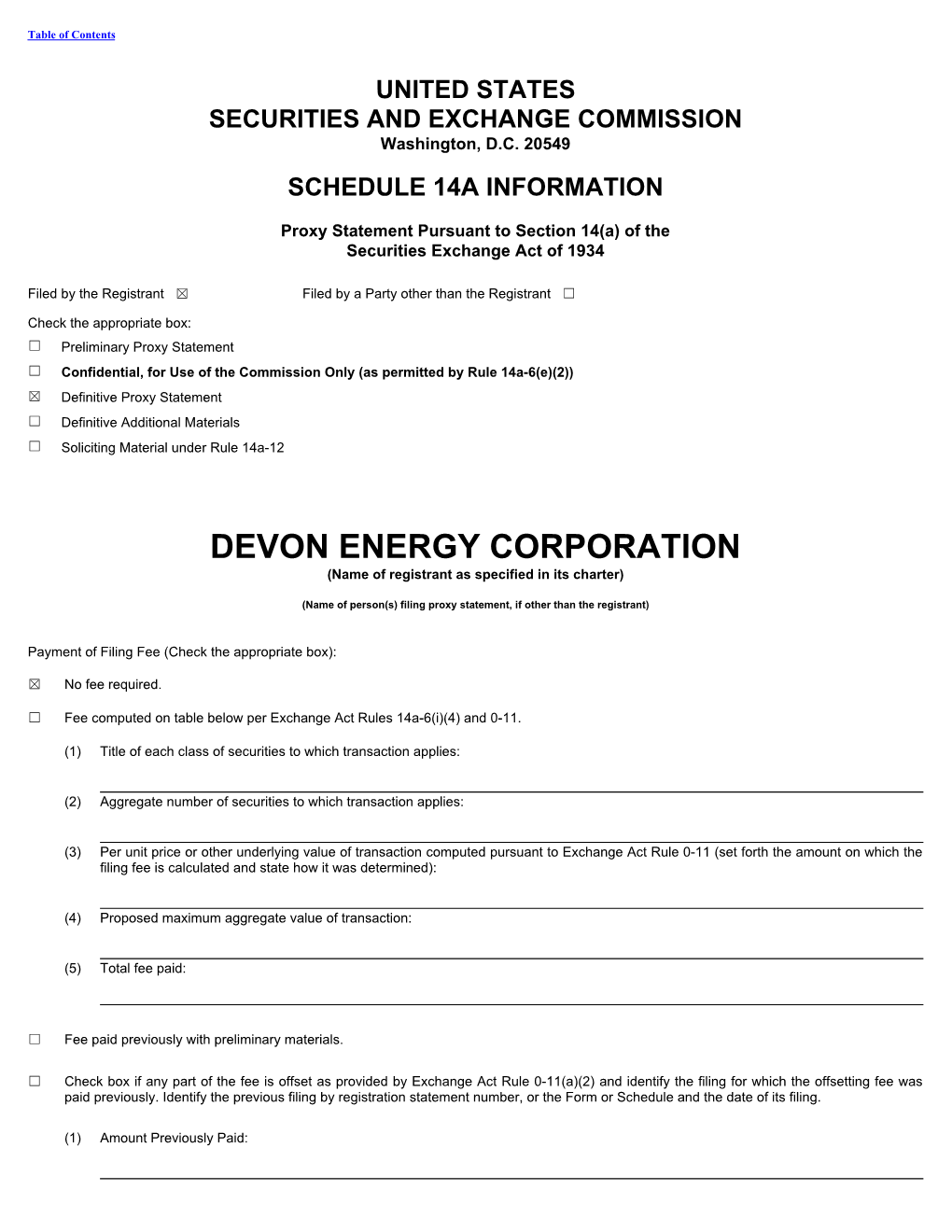 DEVON ENERGY CORPORATION (Name of Registrant As Specified in Its Charter)