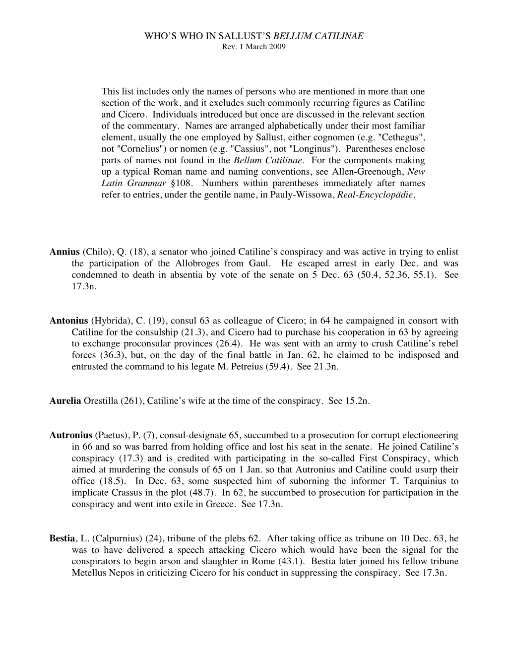 WHO's WHO in SALLUST's BELLUM CATILINAE This List Includes Only the Names of Persons Who Are Mentioned in More Than One Sect