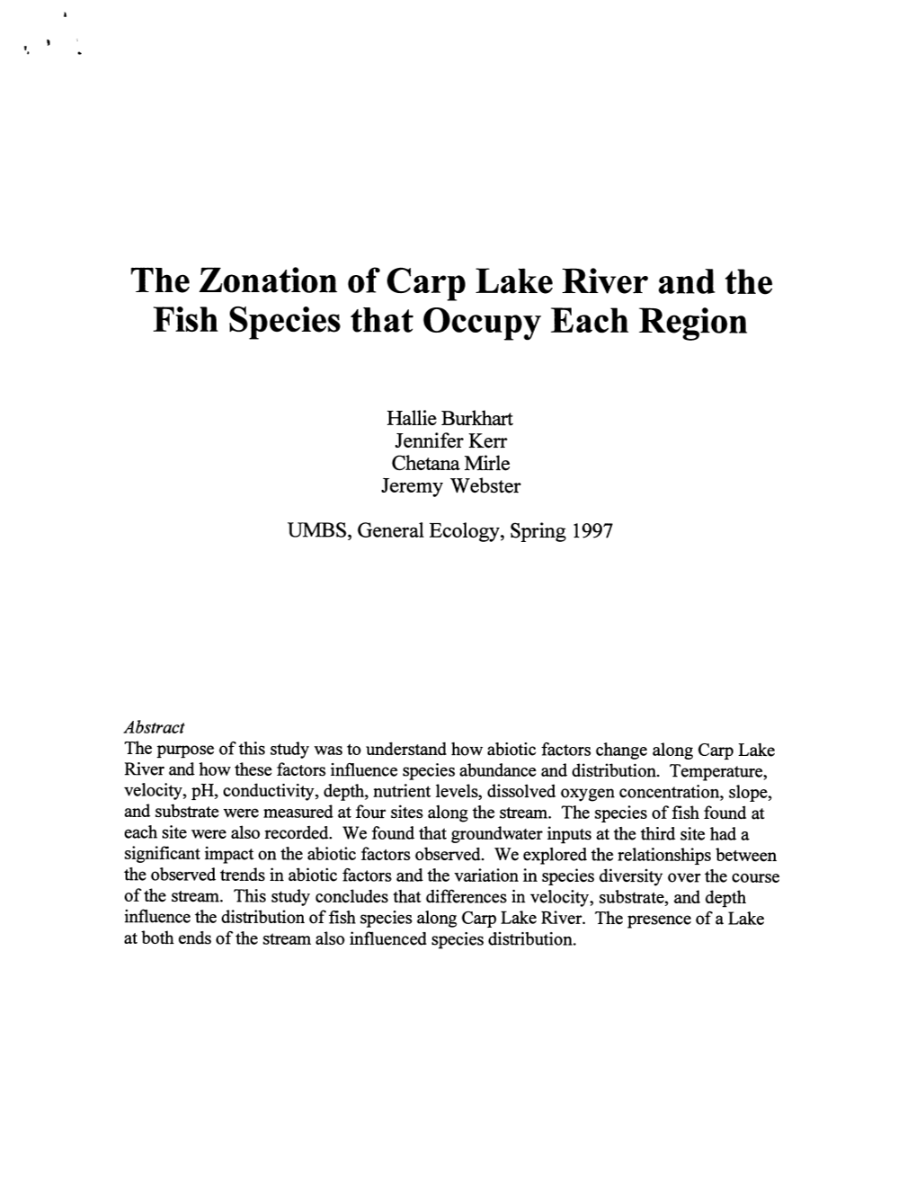 The Zonation of Carp Lake River and the Fish Species That Occupy Each Region