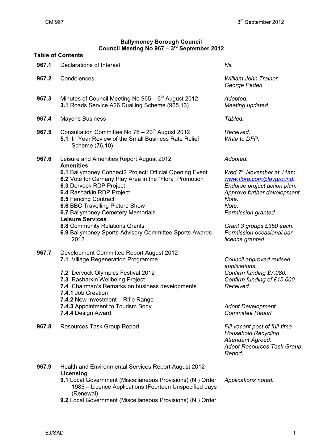 Ballymoney Borough Council Council Meeting No 967 – 3Rd September 2012 Table of Contents 967.1 Declarations of Interest Nil