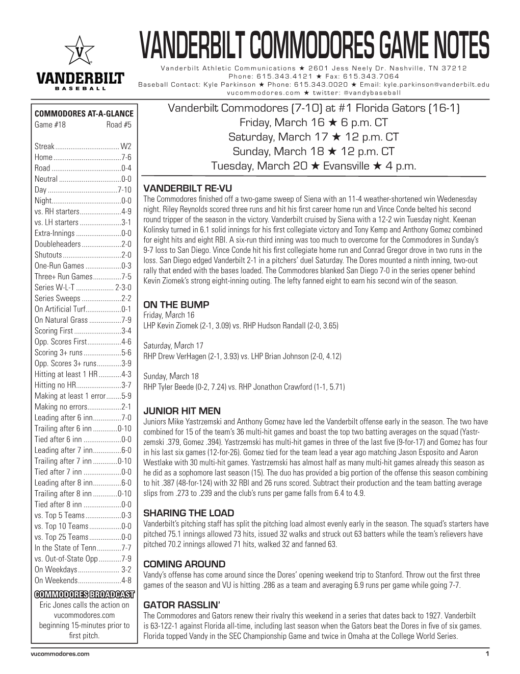 VANDERBILT COMMODORES GAME NOTES Vanderbilt Athletic Communications H 2601 Jess Neely Dr