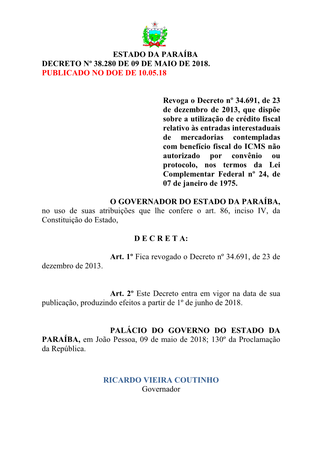 Estado Da Paraíba Decreto Nº 38.280 De 09 De Maio De 2018