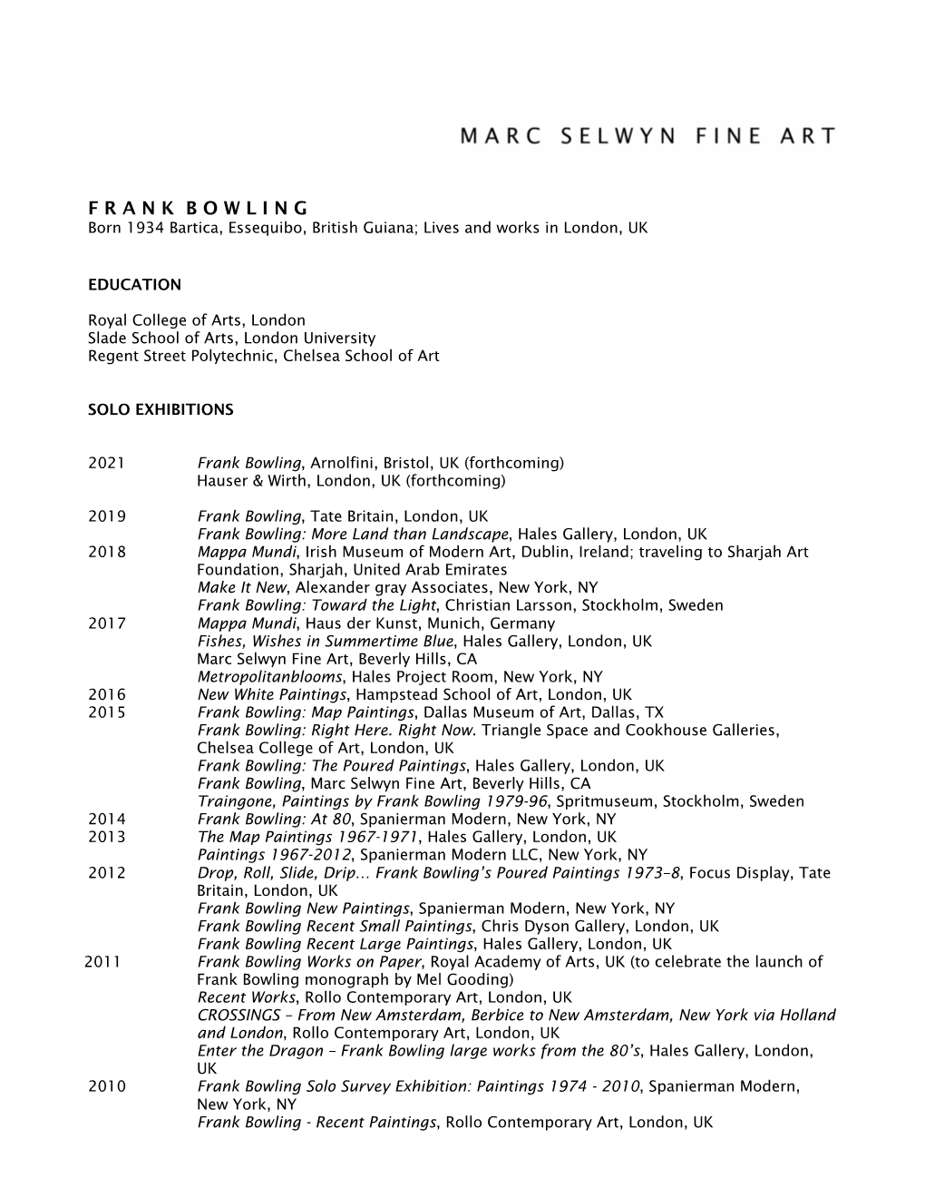 Frank Bowling CV