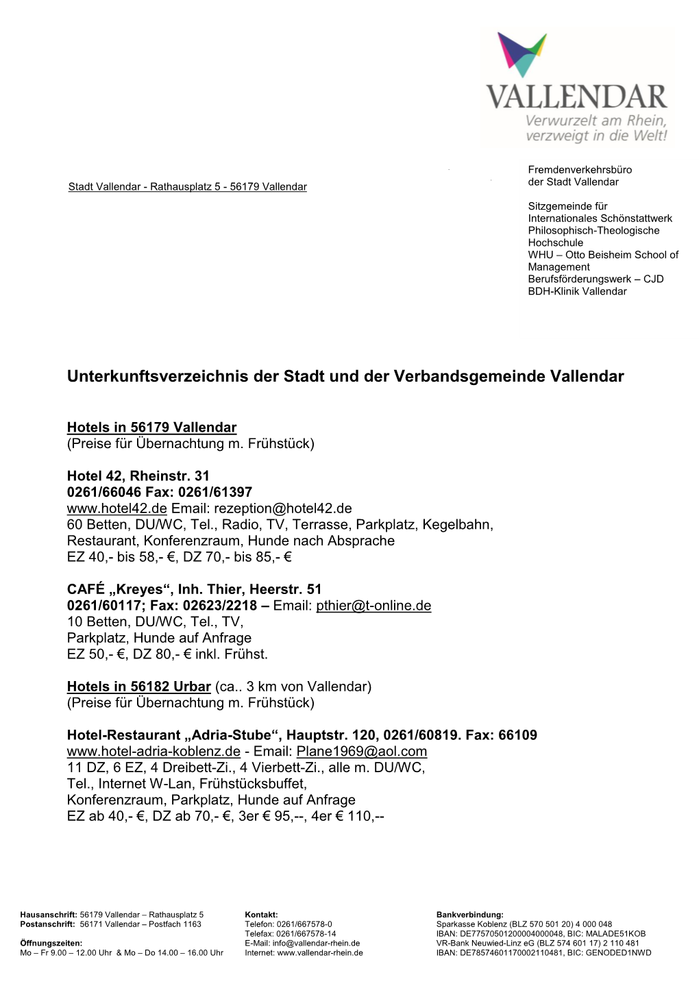 Unterkunftsverzeichnis Der Stadt Und Der Verbandsgemeinde Vallendar