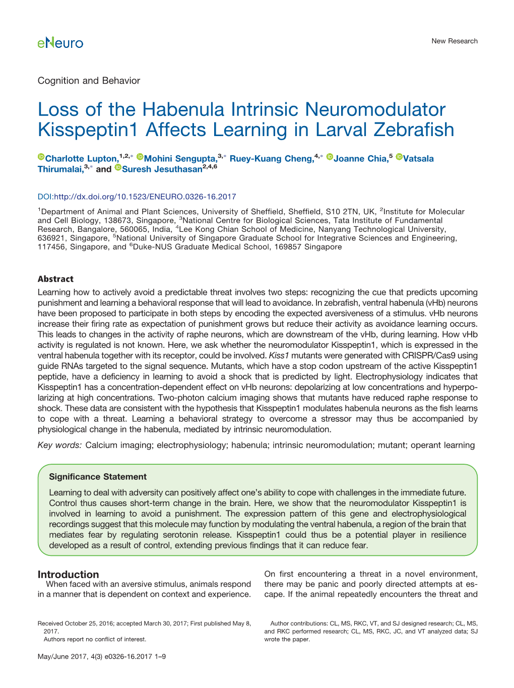 Loss of the Habenula Intrinsic Neuromodulator Kisspeptin1 Affects Learning in Larval Zebrafish