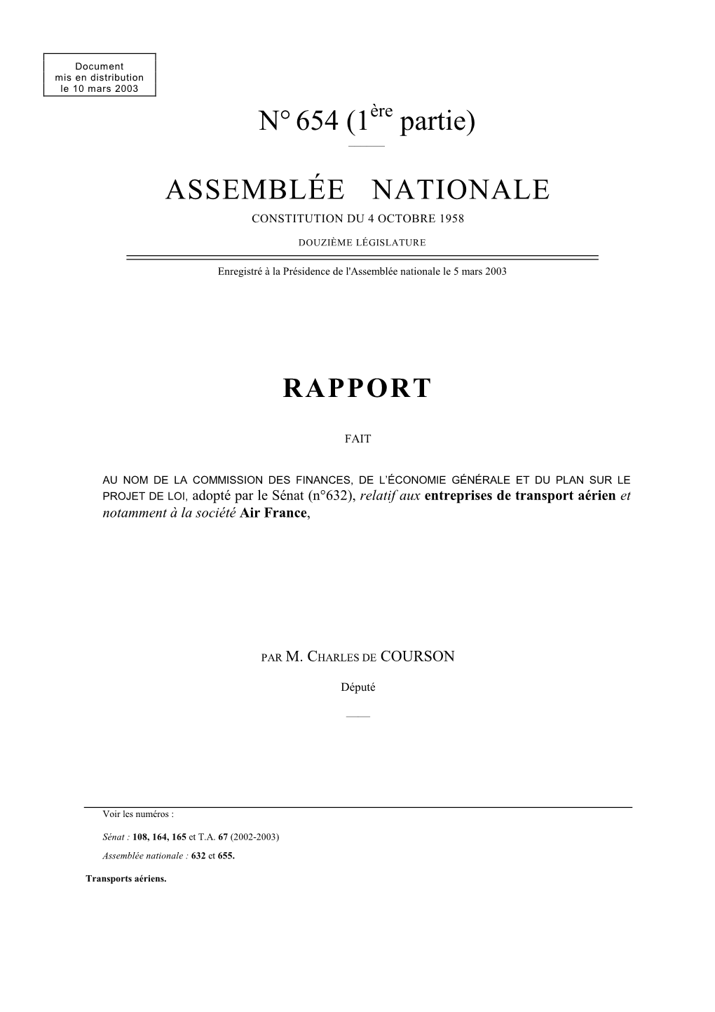 N°654 (1 Partie) ASSEMBLÉE NATIONALE