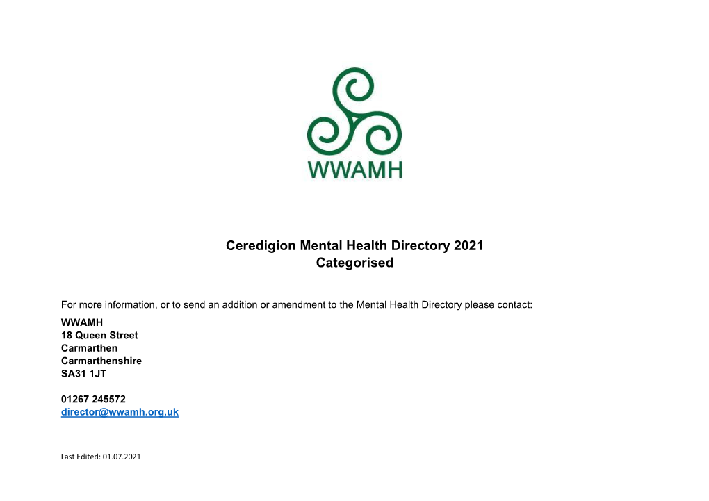 Ceredigion Mental Health Directory 2021 Categorised