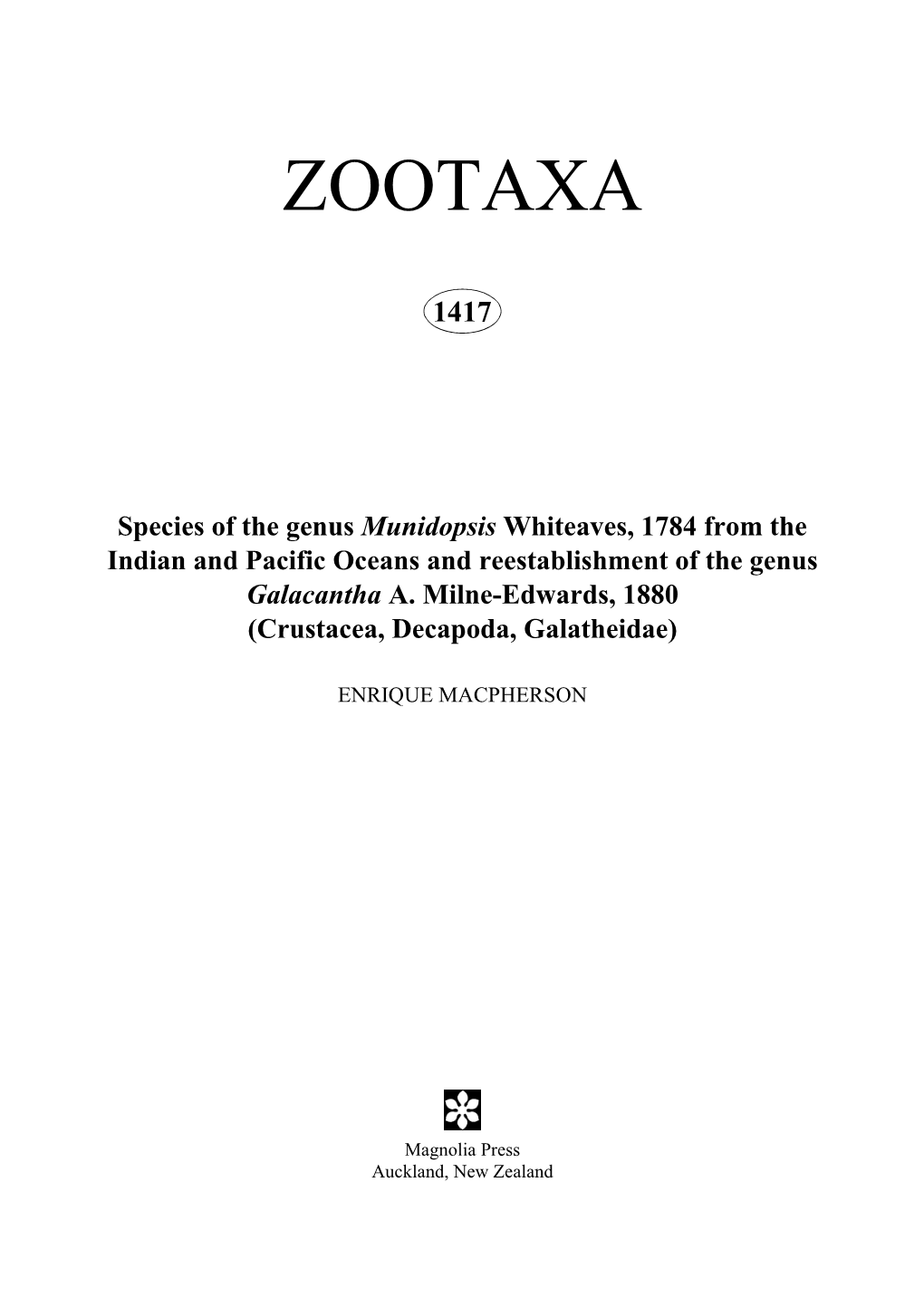 Zootaxa, Species of the Genus Munidopsis