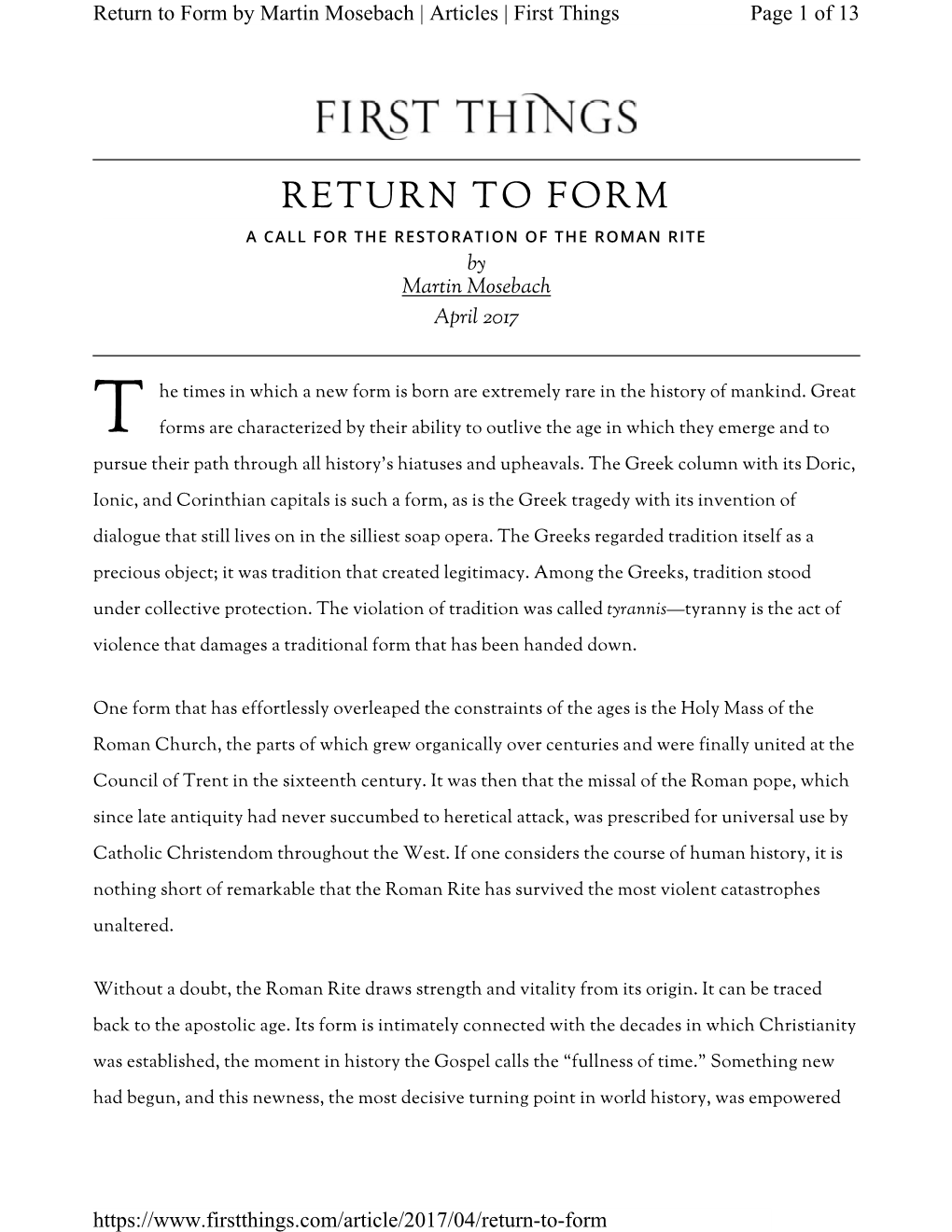 Form: a Call for the Restoration of the Roman Rite