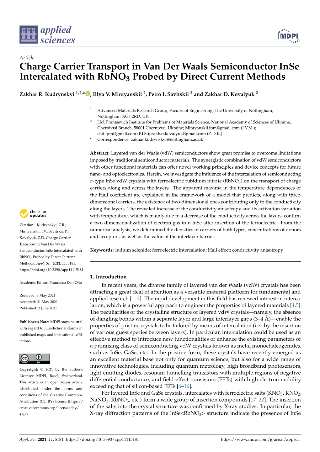 Charge Carrier Transport in Van Der Waals Semiconductor Inse Intercalated with Rbno3 Probed by Direct Current Methods