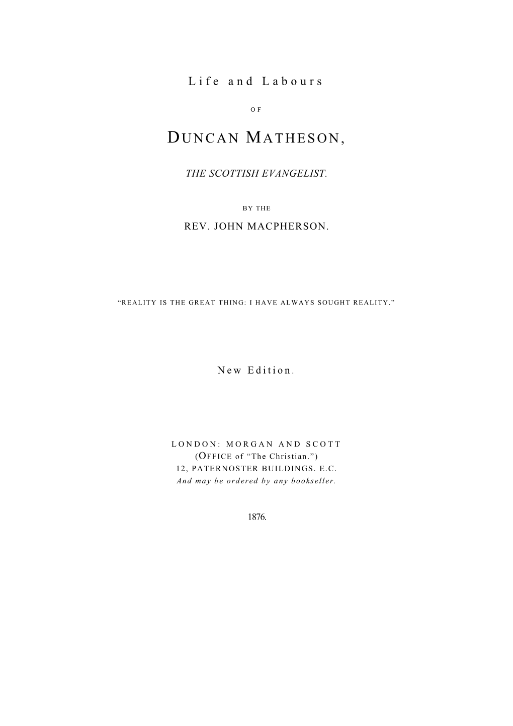 Life and Labours of Duncan Matheson, the Scottish Evangelist