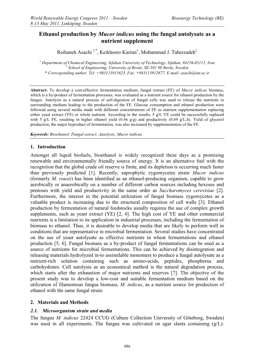 Ethanol Production by Mucor Indicus Using the Fungal Autolysate As a Nutrient Supplement