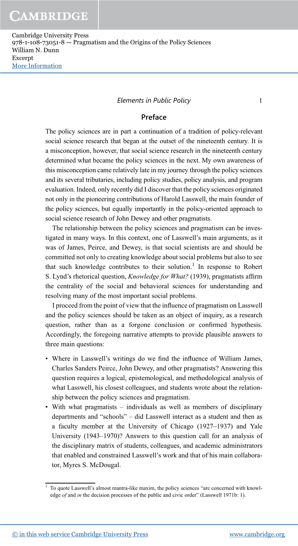 Pragmatism and the Origins of the Policy Sciences William N. Dunn Excerpt More Information