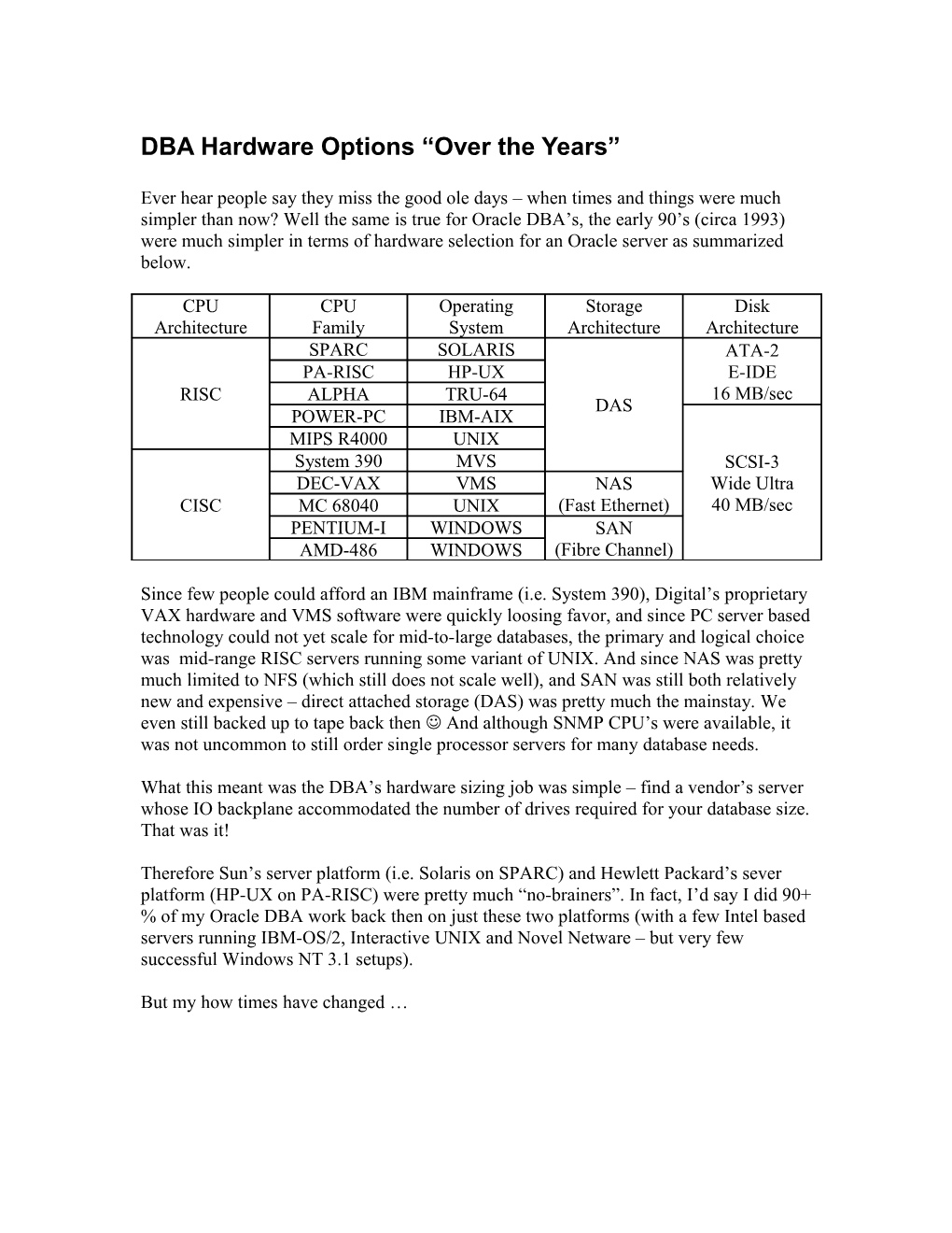 DBA Hardware Options Over the Years