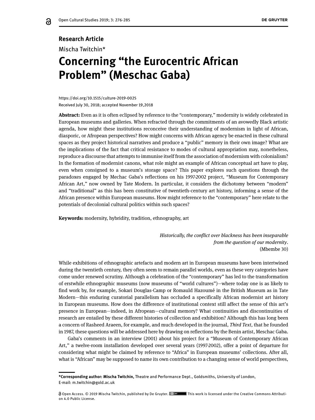 The Eurocentric African Problem” (Meschac Gaba)