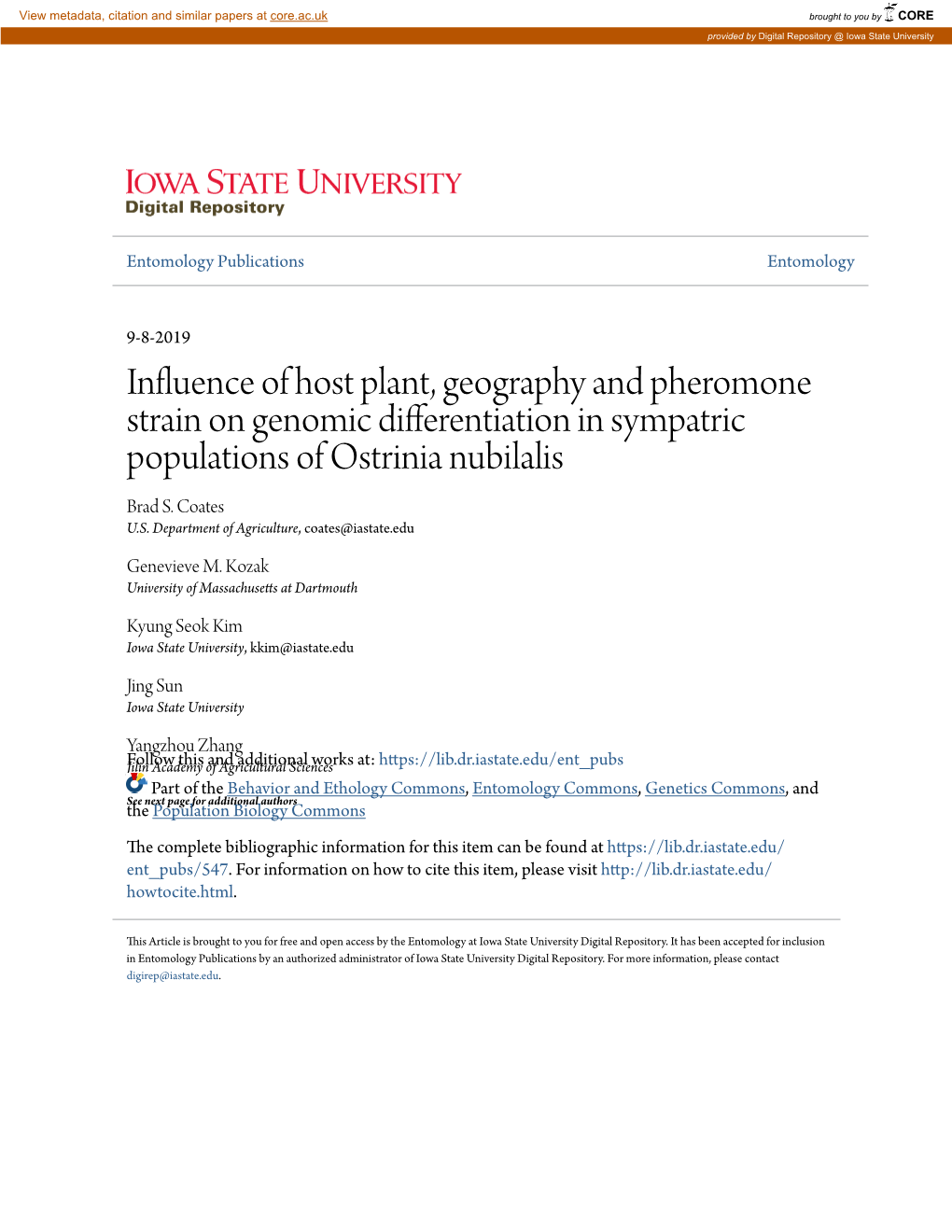 Influence of Host Plant, Geography and Pheromone Strain on Genomic Differentiation in Sympatric Populations of Ostrinia Nubilalis Brad S