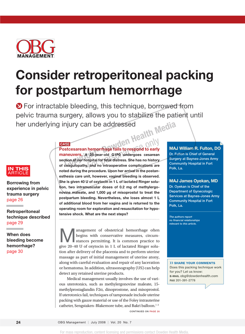 Consider Retroperitoneal Packing for Postpartum Hemorrhage