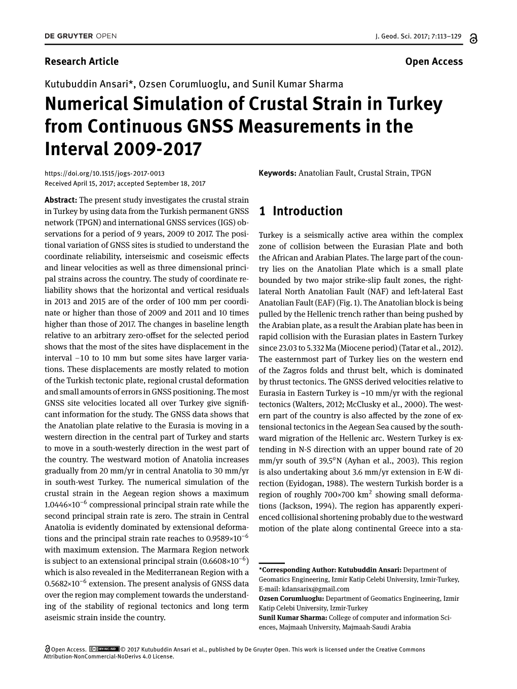 Numerical Simulation of Crustal Strain in Turkey from Continuous GNSS