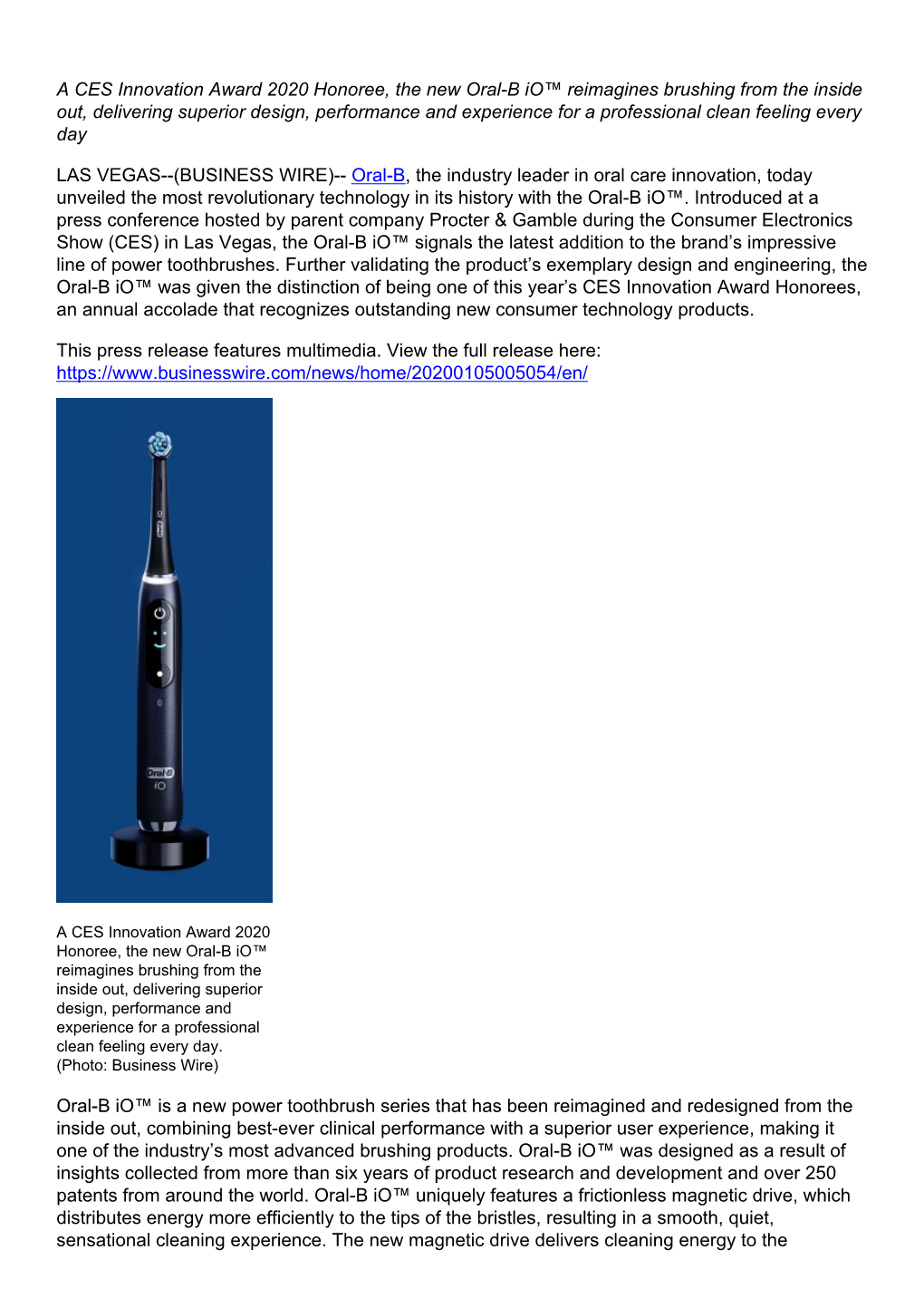 A CES Innovation Award 2020 Honoree, the New Oral-B Io