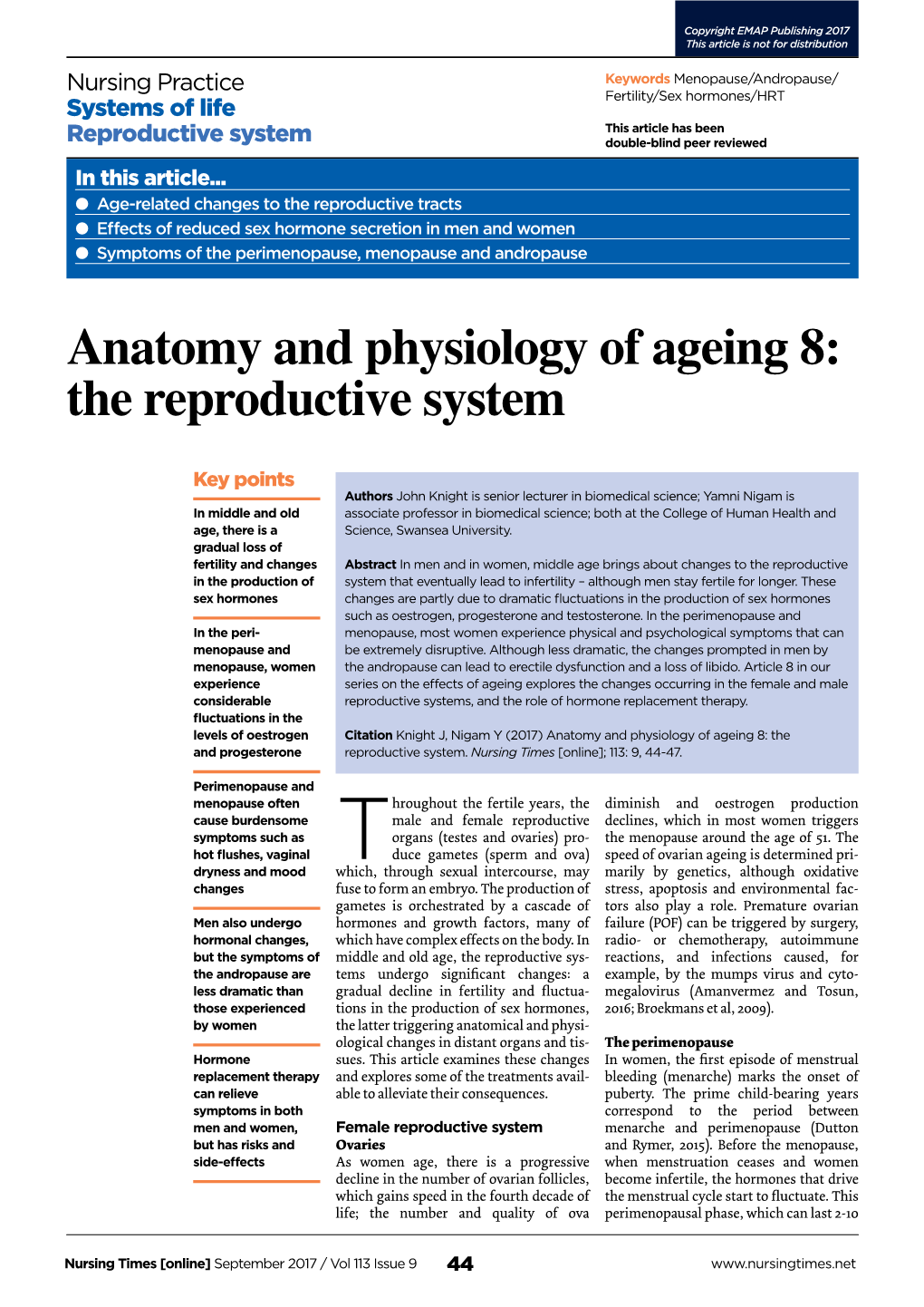 Anatomy and Physiology of Ageing 8: the Reproductive System