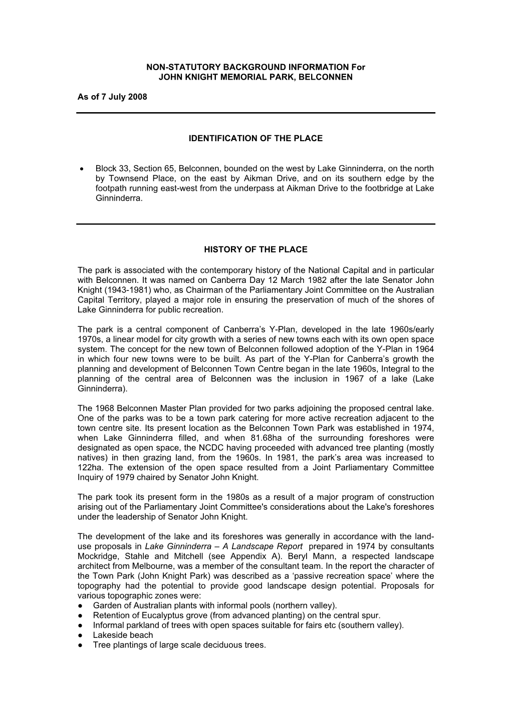 NON-STATUTORY BACKGROUND INFORMATION for JOHN KNIGHT MEMORIAL PARK, BELCONNEN