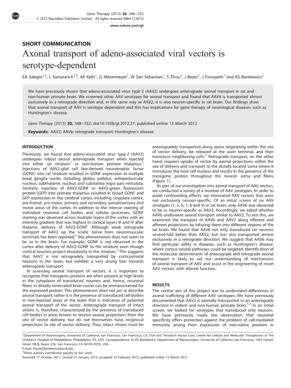 Axonal Transport of Adeno-Associated Viral Vectors Is Serotype-Dependent