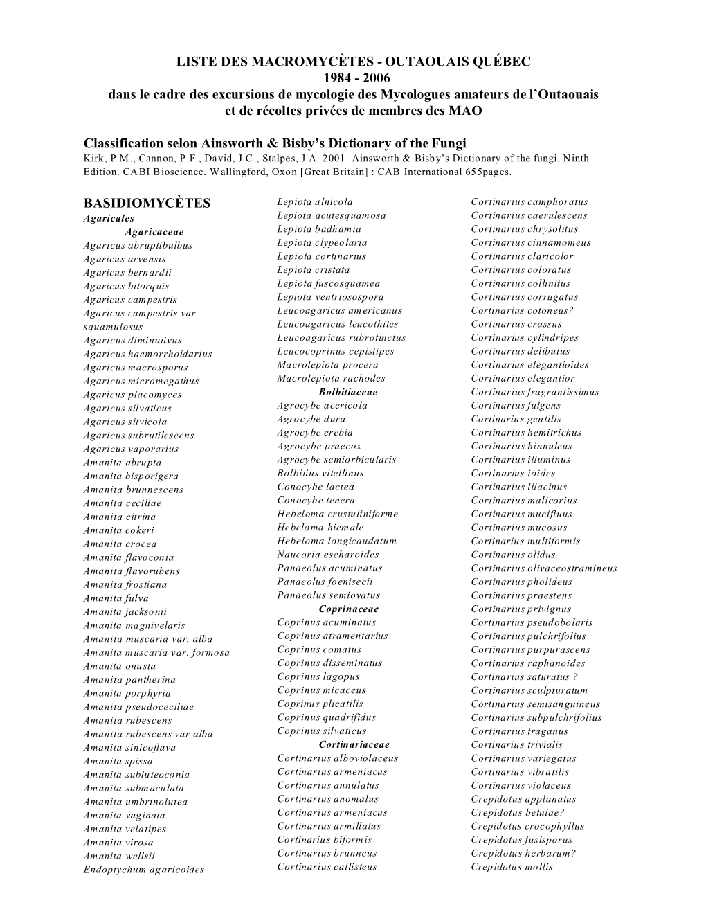 Liste Des Macromycètes