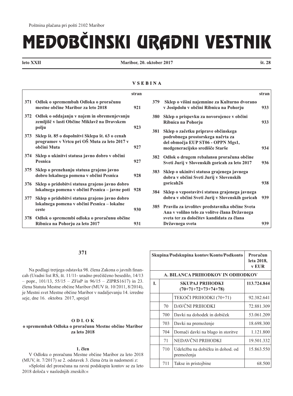 MEDOBČINSKI URADNI VESTNIK Leto XXII Maribor, 20