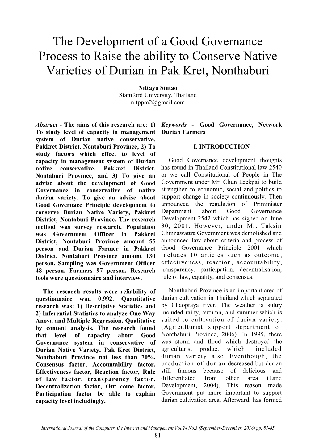 The Development of a Good Governance Process to Raise the Ability to Conserve Native Varieties of Durian in Pak Kret, Nonthaburi
