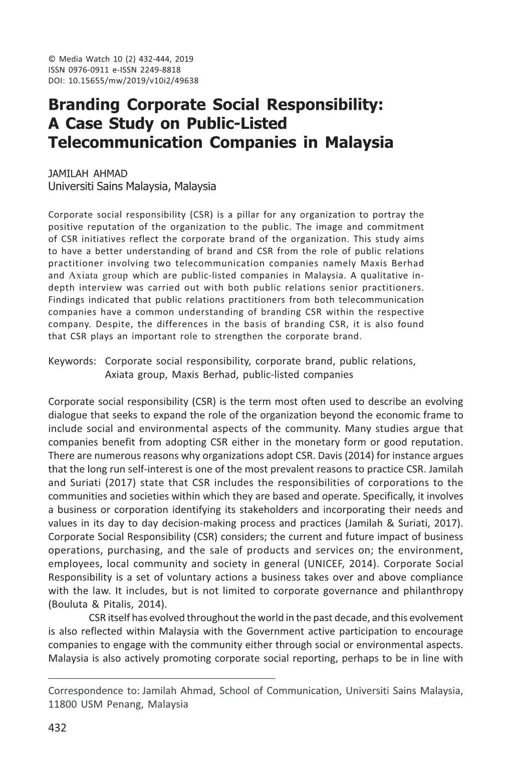Branding Corporate Social Responsibility: a Case Study on Public-Listed Telecommunication Companies in Malaysia