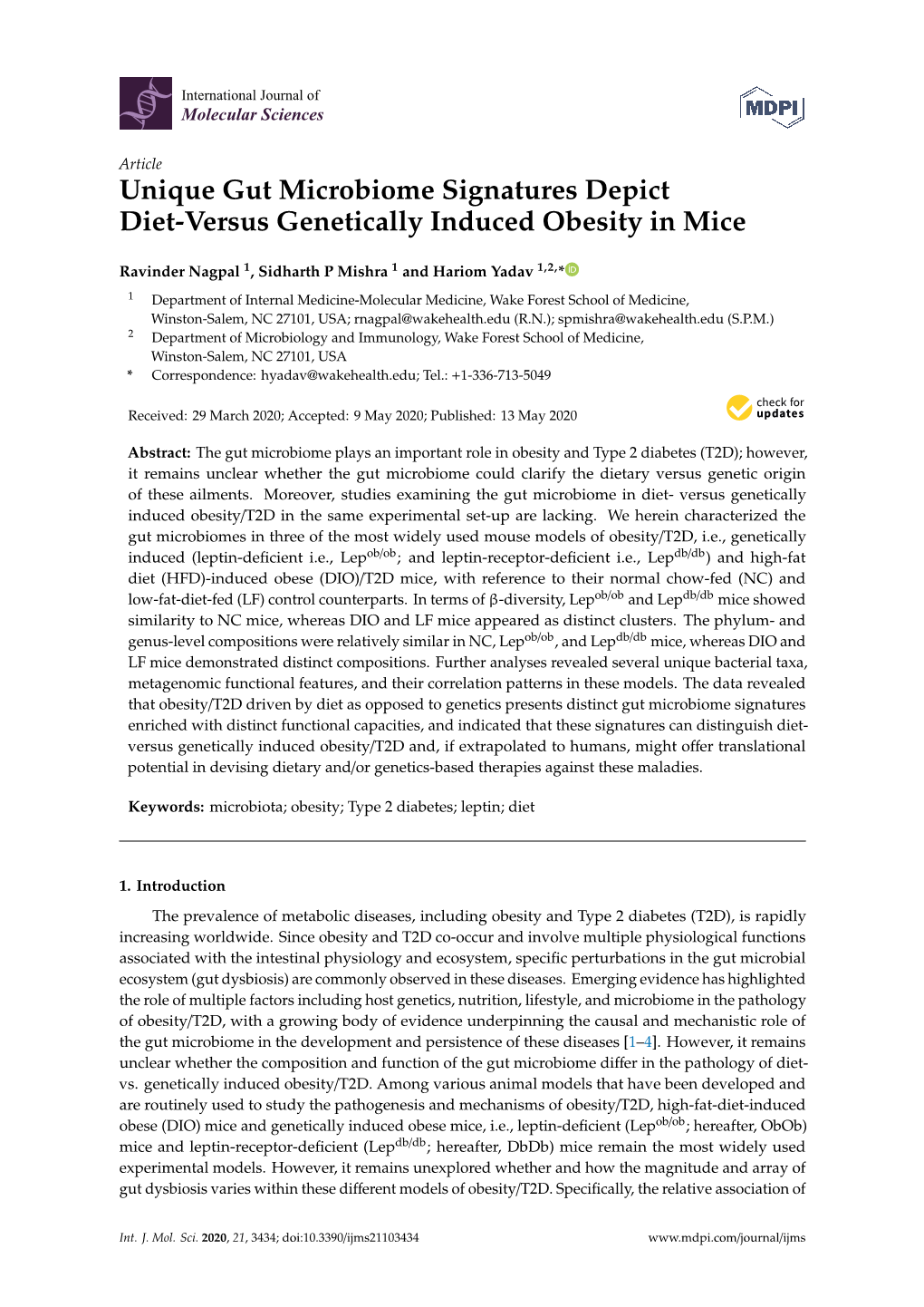 Unique Gut Microbiome Signatures Depict Diet-Versus Genetically Induced Obesity in Mice