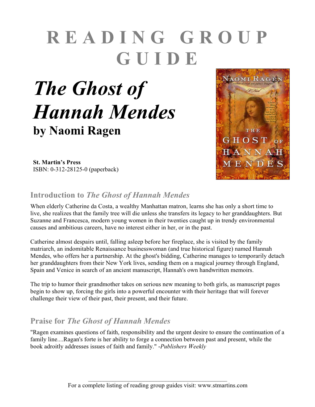 READING GROUP GUIDE the Ghost of Hannah Mendes by Naomi Ragen