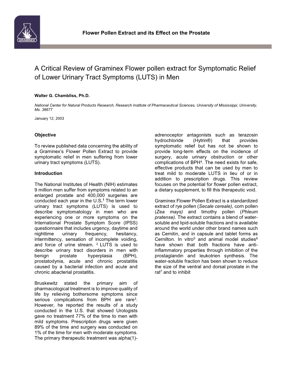 A Critical Review of Graminex Flower Pollen Extract for Symptomatic Relief of Lower Urinary Tract Symptoms (LUTS) in Men