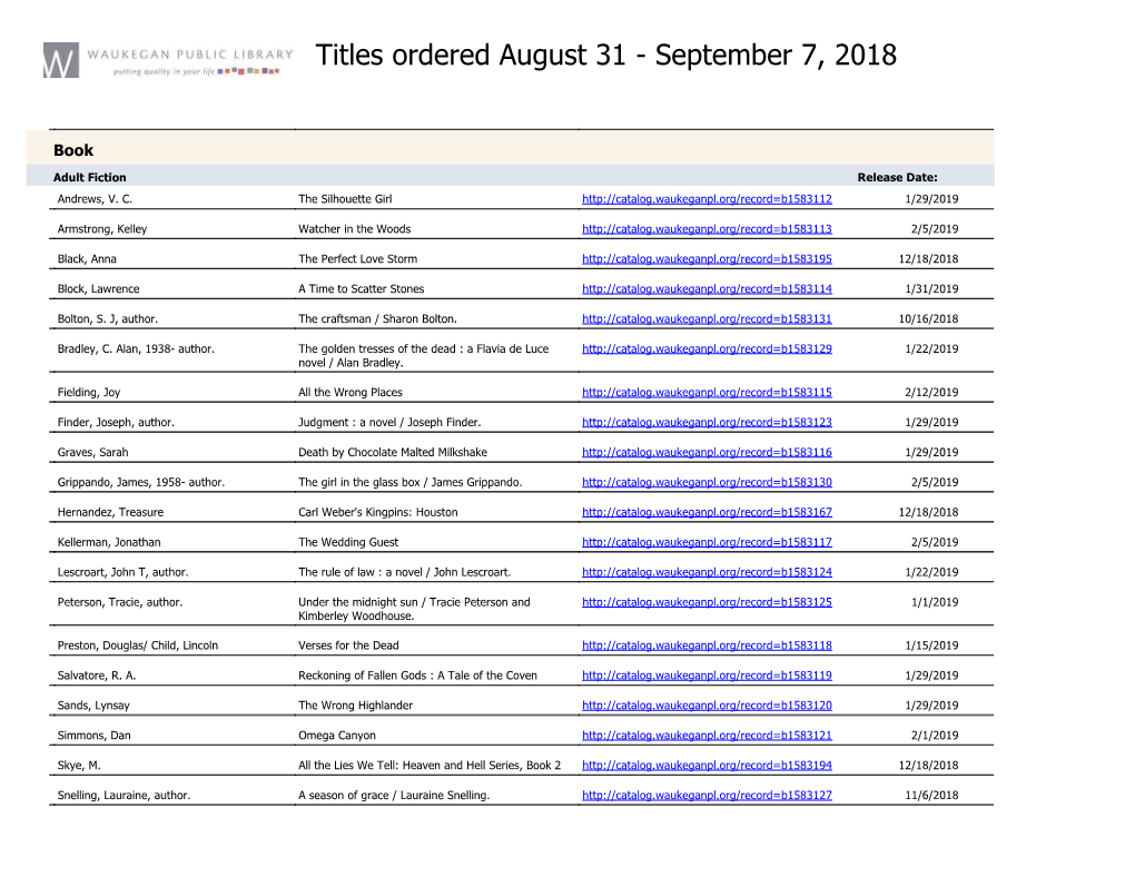 Titles Ordered August 31 - September 7, 2018