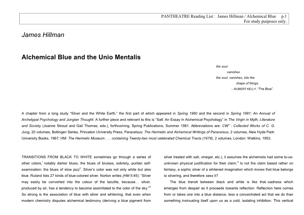 James Hillman Alchemical Blue and the Unio Mentalis