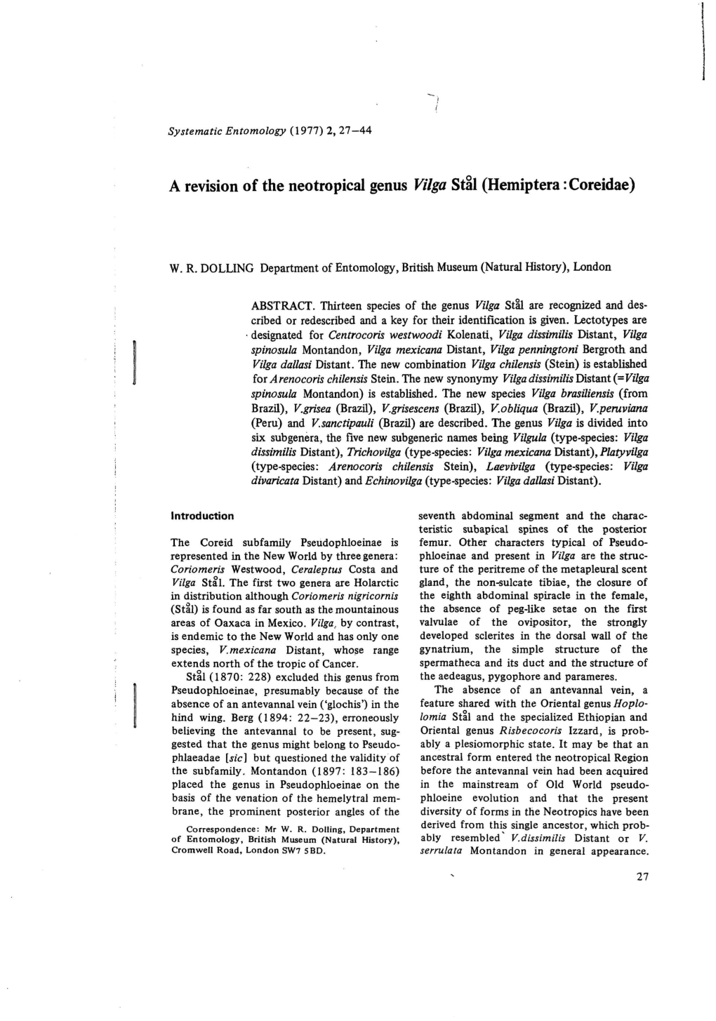 A Revision of the Neotropical Genus Vilga Stal (Hemiptera: Coreidae)
