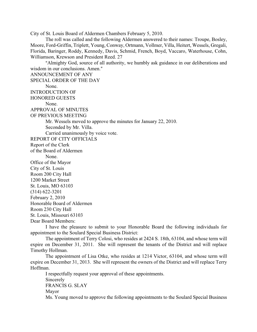 City of St. Louis Board of Aldermen Chambers February 5, 2010