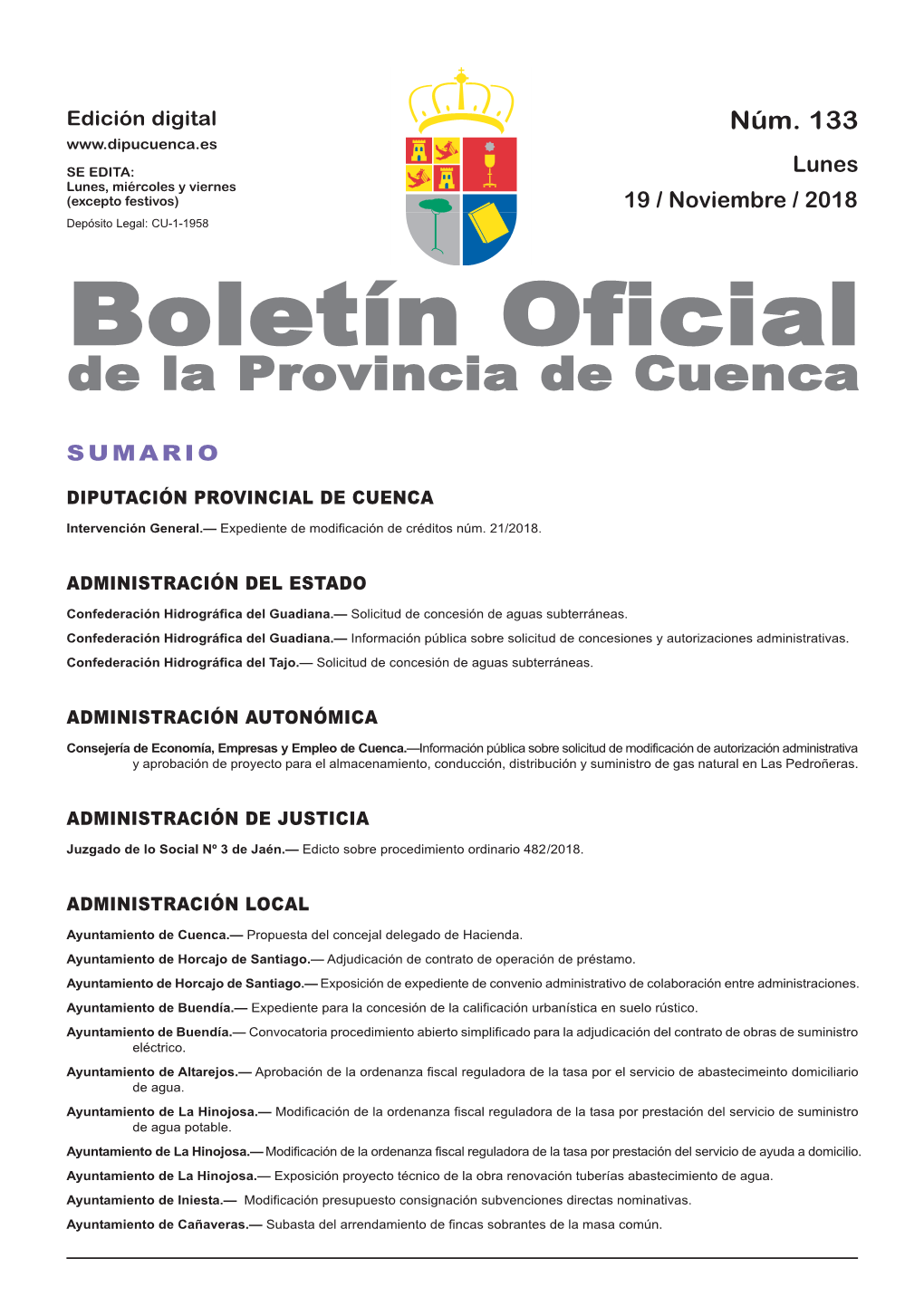 Boletín Oficial De La Provincia De Cuenca Sumario Diputación Provincial De Cuenca