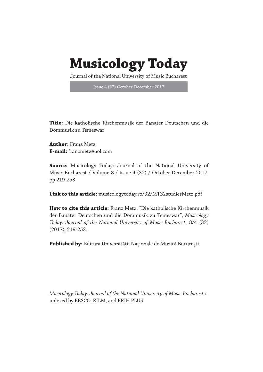 Musicology Today Journal of the National University of Music Bucharest