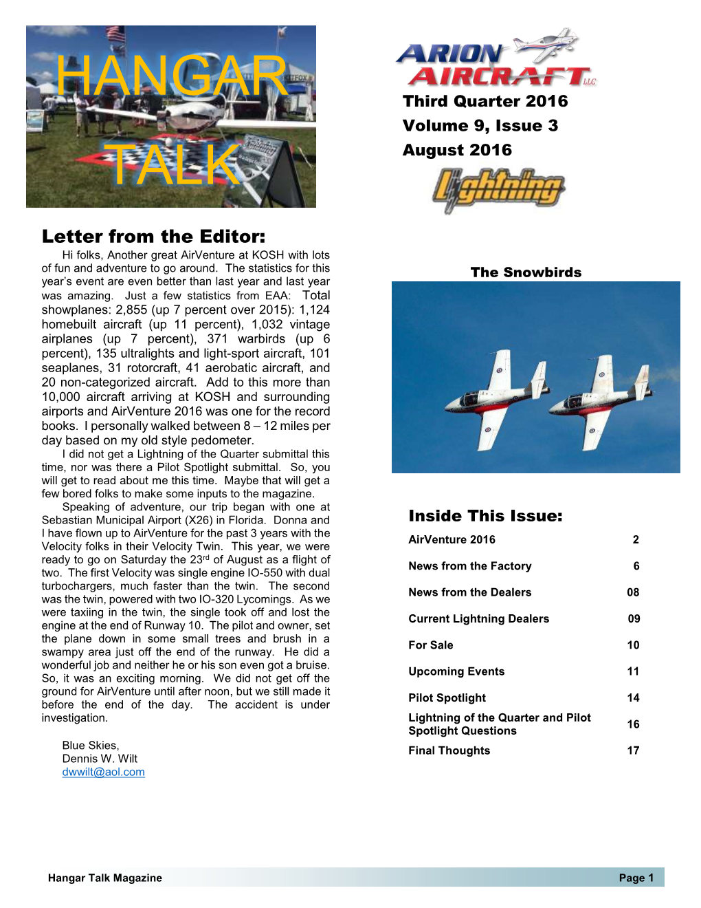 Hangar Talk Magazine Page 1 Third Quarter 2016 Volume 9, Issue 3