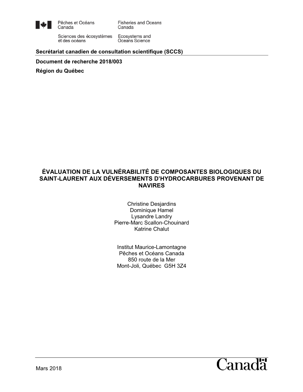 Évaluation De La Vulnérabilité De Composantes Biologiques Du Saint-Laurent Aux Déversements D’Hydrocarbures Provenant De Navires