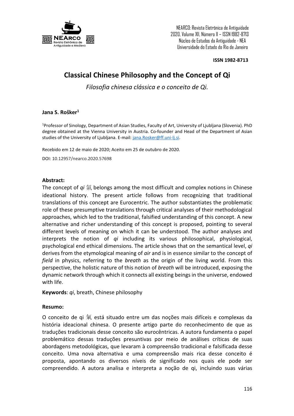 Classical Chinese Philosophy and the Concept of Qi Filosofia Chinesa Clássica E O Conceito De Qi