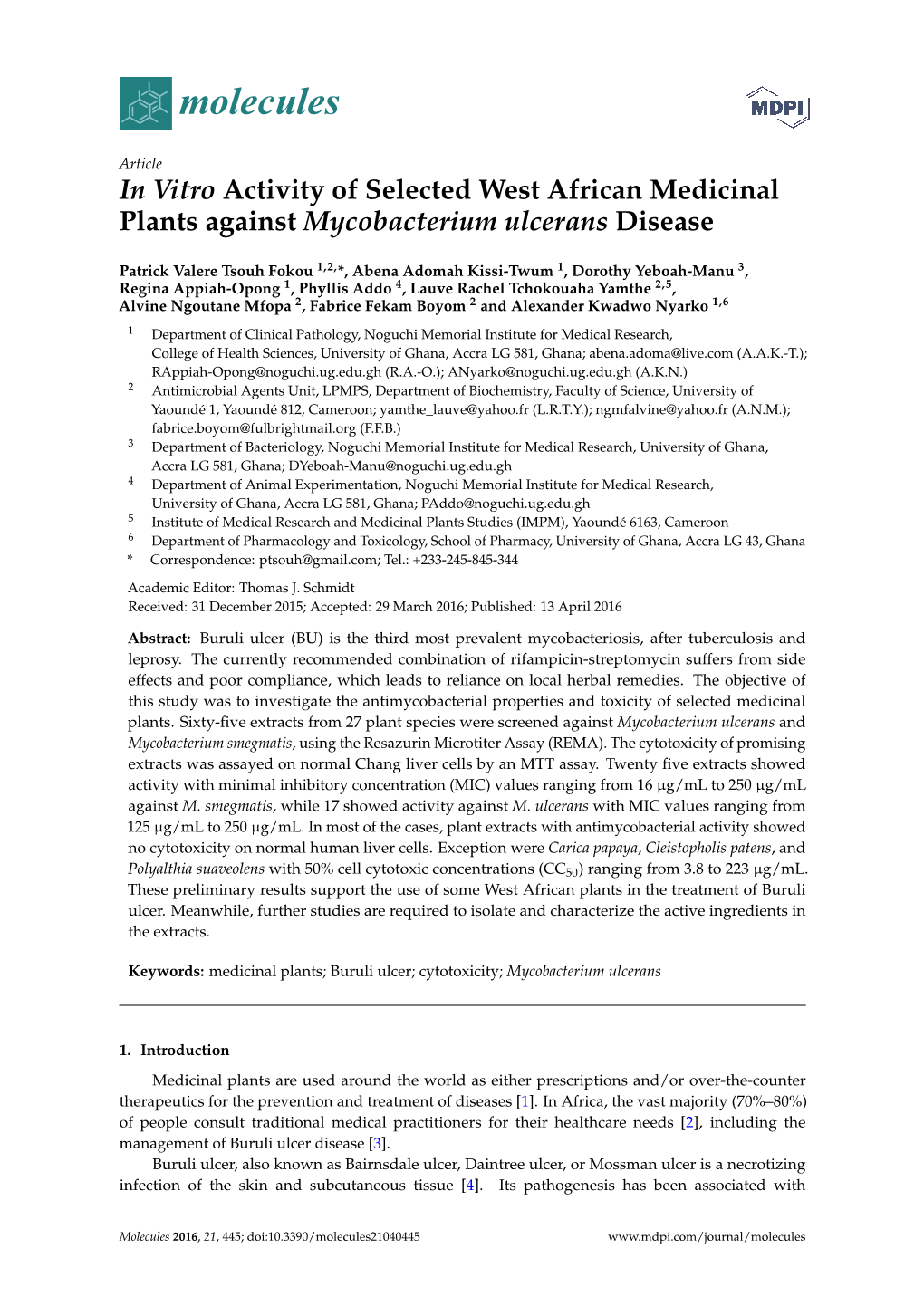 In Vitro Activity of Selected West African Medicinal Plants Against Mycobacterium Ulcerans Disease