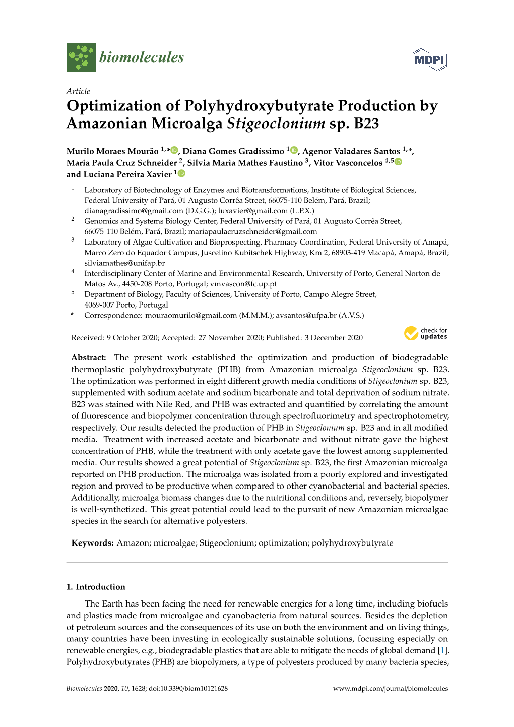 Optimization of Polyhydroxybutyrate Production by Amazonian Microalga Stigeoclonium Sp