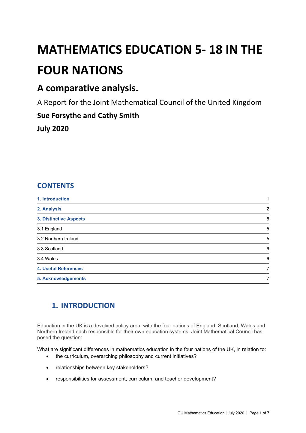 MATHEMATICS EDUCATION 5- 18 in the FOUR NATIONS a Comparative Analysis