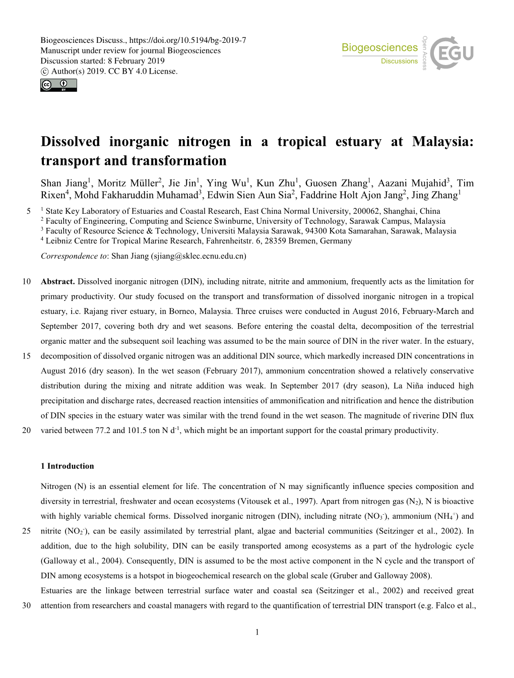 Dissolved Inorganic Nitrogen in a Tropical Estuary at Malaysia