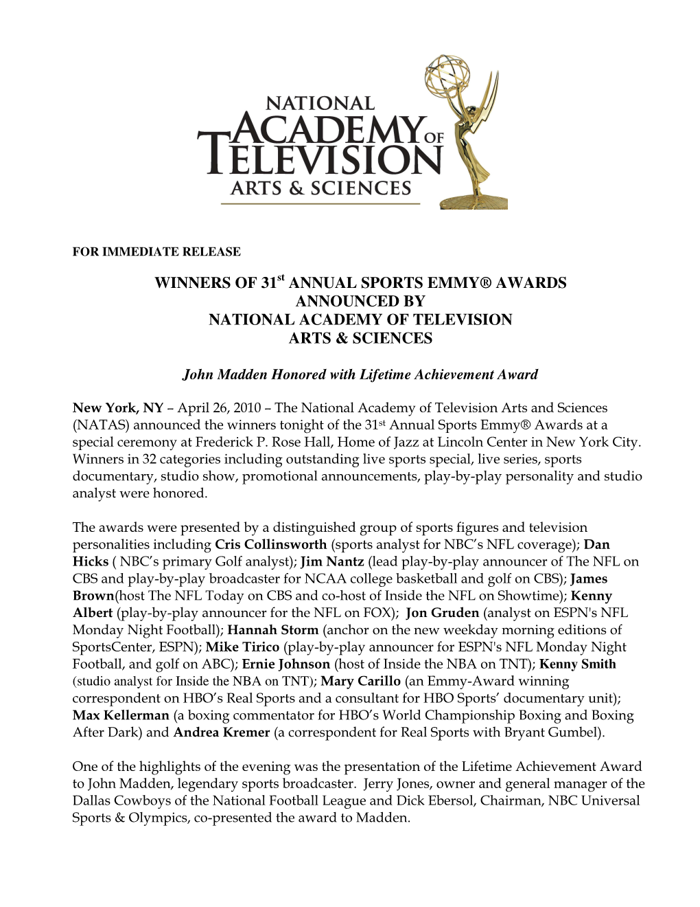 Winners of 31 Annual Sports Emmy® Awards Announced