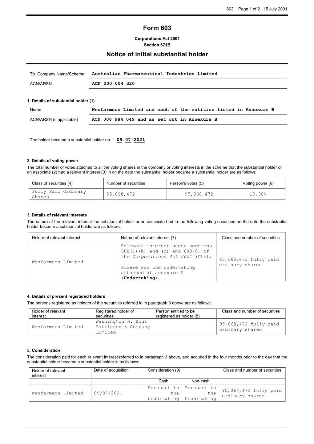 Form 603 Notice of Initial Substantial Holder