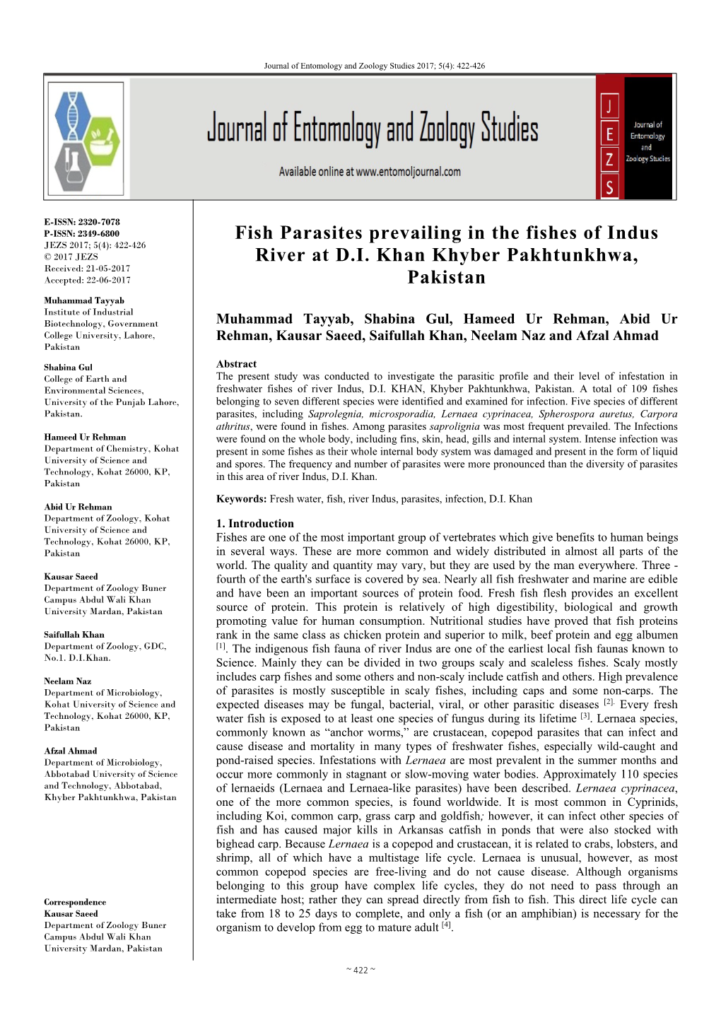 Fish Parasites Prevailing in the Fishes of Indus River at D.I. Khan Khyber