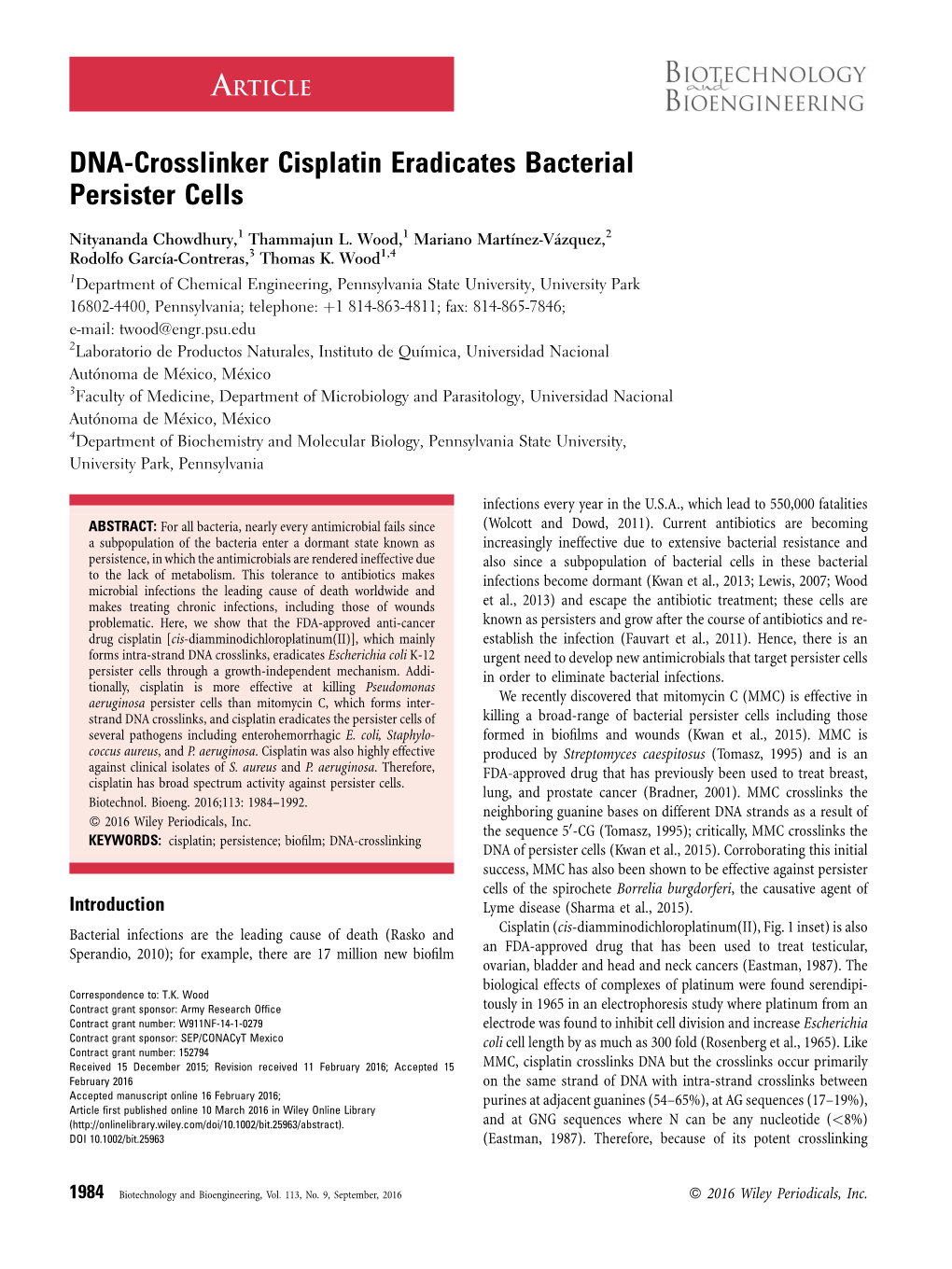 Cisplatin Eradicates Bacterial Persister Cells